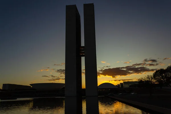National Congress Brasilia Silhouette Sunset Background Late Afternoon Sky Yellowish — Stockfoto