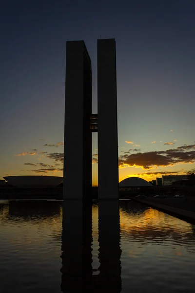 National Congress Brasilia Silhouette Sunset Background Late Afternoon Sky Yellowish - Stock-foto