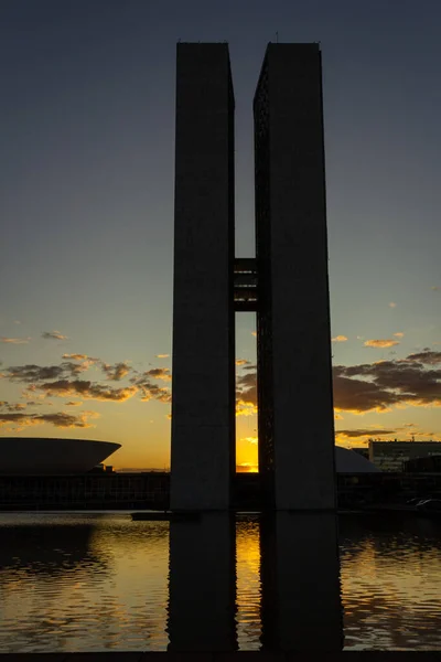 National Congress Brasilia Silhouette Sunset Background Late Afternoon Sky Yellowish — Foto de Stock