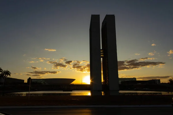 National Congress Brasilia Silhouette Sunset Background Late Afternoon Sky Yellowish — Photo