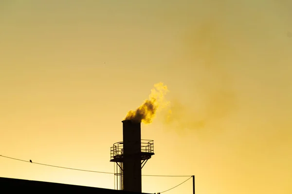 Smoke coming out of the factory chimney. Air pollution by smoke coming out of a factory chimney with the golden dawn sky.