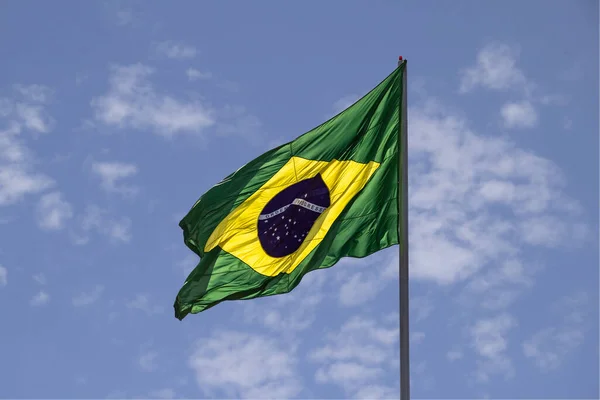Flag Brazil Flag Brazil Flying Fluttering Wind Blue Sky Some — Foto Stock