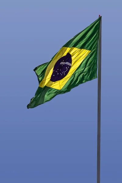 Brazil Flag Brazilian Flag Flying Fluttering Wind Blue Sky Background — Stock Photo, Image