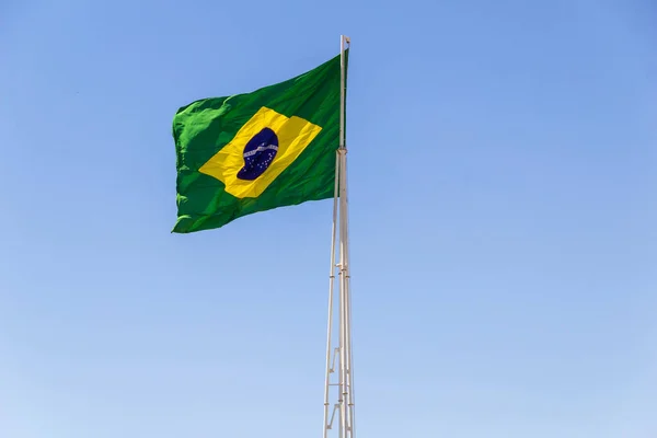 Brazil Flag Brazilian Flag Flying Fluttering Wind Blue Sky Background — Stock Photo, Image