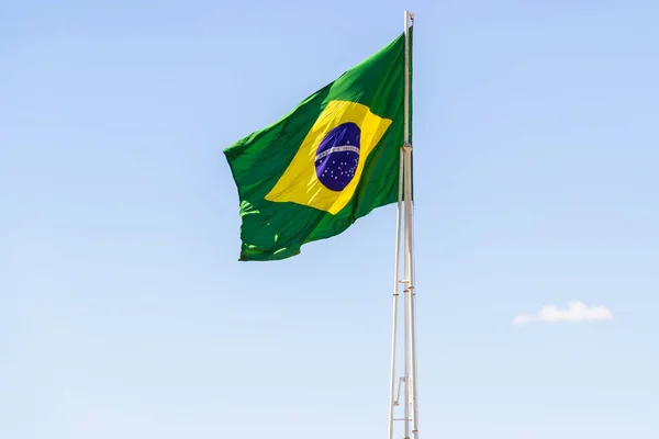 Brazil Flag Brazilian Flag Flying Fluttering Wind Blue Sky Background — Stock Photo, Image