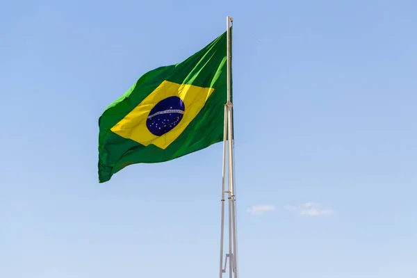 Brazil Flag Brazilian Flag Flying Fluttering Wind Blue Sky Background — Stock Photo, Image