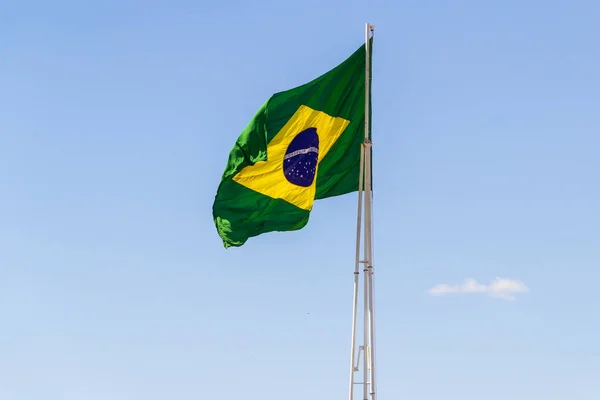 Brazil Flag Brazilian Flag Flying Fluttering Wind Blue Sky Background — Stock Photo, Image