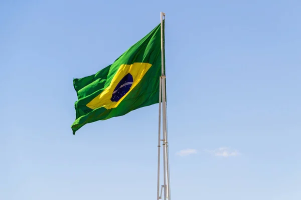 Brazil Flag Brazilian Flag Flying Fluttering Wind Blue Sky Background — Stock Photo, Image