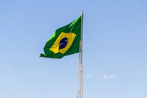 Brazil Flag Brazilian Flag Flying Fluttering Wind Blue Sky Background — Stock Photo, Image