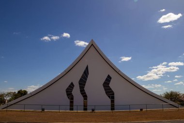 Queen of Peace Military Cathedral. Church architecture detail on a sunny day with blue sky in the background. Back view.