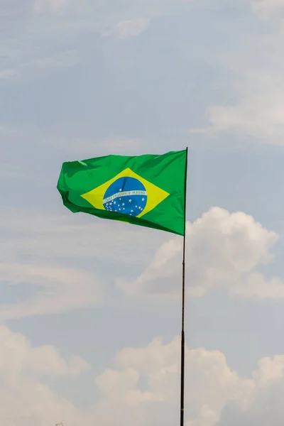 Flag Brazil Flying Fluttering Wind Cloudy Sky Background — Stock Photo, Image