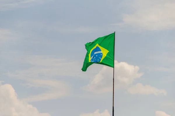 Flag Brazil Flying Fluttering Wind Cloudy Sky Background — Stock Photo, Image