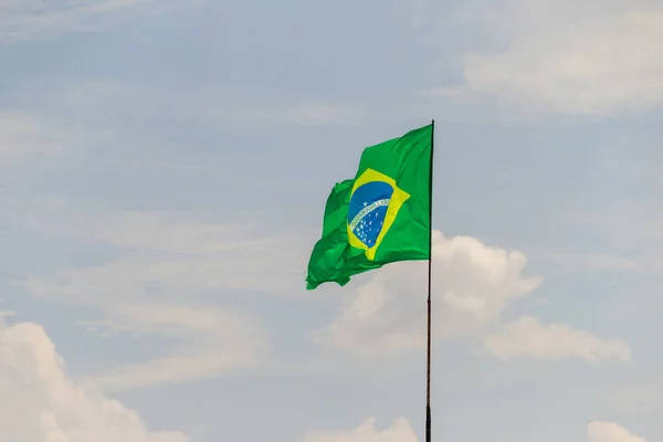 Flag Brazil Flying Fluttering Wind Cloudy Sky Background — Stock Photo, Image