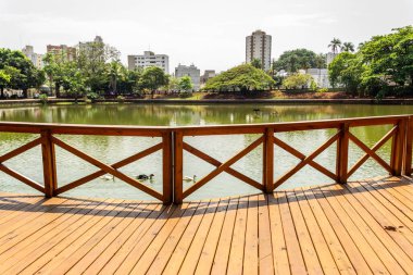  Goiania şehrindeki Bosque dos Buritis 'deki küçük göl üzerinde güverte.