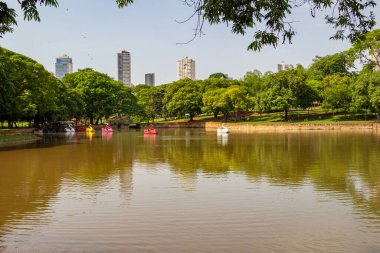 İnsanların eğlenmesi için pedallı teknelerle Güller Gölü 'nün detayları. Lago das Rosas Goias şehrindeki bir halk parkında yer almaktadır..