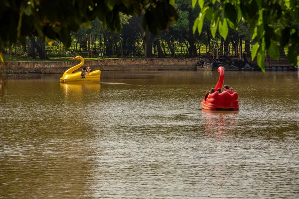 Nsanların Eğlenmesi Için Pedallı Teknelerle Güller Gölü Nün Detayları Lago — Stok fotoğraf