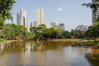 Flamboyant Park 'ın bir açısı, arka planda gölü, ağaçları, binaları ve mavi gökyüzünü gösteriyor..