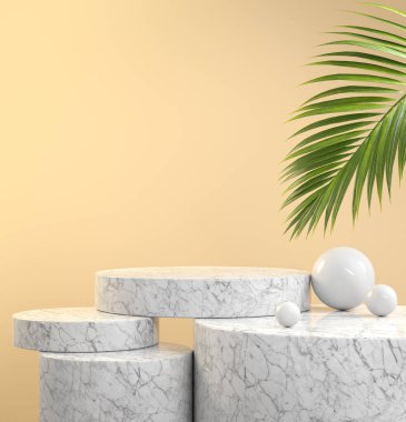 Mockup Step Podyum Gösterimi, Tropics Palm Leaf, Bej Arkaplan 3d Hazırlama