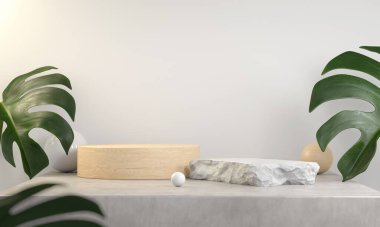 3D Görünüm Taşı ve Tahta Döşeme, Canavar Yaprağı Arkaplanı