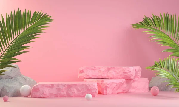 Мінімальний Рожевий Крок Кам Яний Подіум Дисплей Пальмовим Листом Рендеринговий — стокове фото