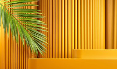 Palm Leaf ve Soyut Arkaplan Yaprağıyla Markalaştırma Ürünleri için Modern Mockup Sarı Platformu
