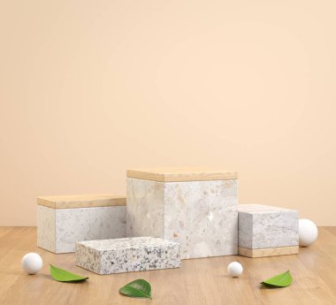 Tahta döşemeli ve yeşil yapraklı Mockup Basamaklı Görüntü Bej Soyut Arkaplan 3d