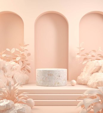 Bej Soyut Arkaplanda Tropikal Vahşi Konseptle Mockup Minimal Görüntüleme 3d