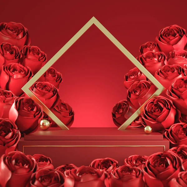 Mockup Luxury Valentine Red Display Bouquet Rose Gold Frame Concept — Φωτογραφία Αρχείου