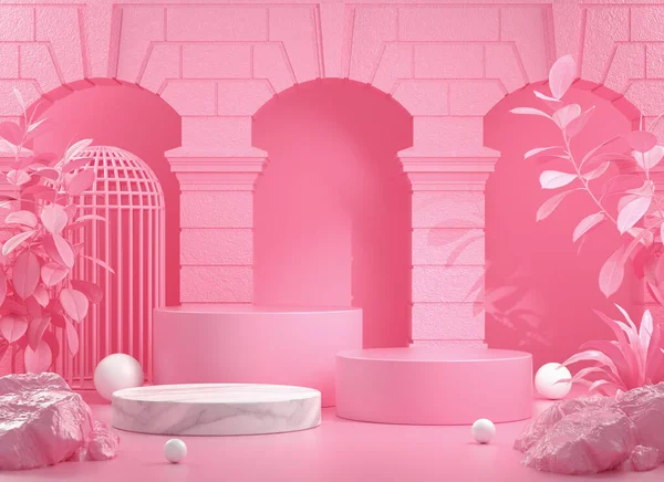 Mockup Рожевий Порожній Крок Подіум Будівництвом Дикою Концепцією Абстрактний Фон — стокове фото