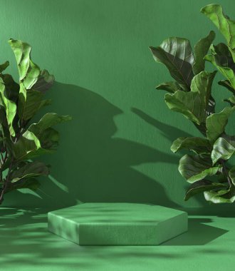 Minimal Mockup Boş Yeşil Standı Gösteri için Sahne Sunshade Tropik Santrali 3D Renklendirmesi