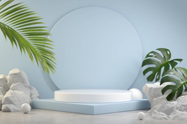 3D Rending Podium Stand, Tropic Concept, Blue Pastel Illustration Arkaplan