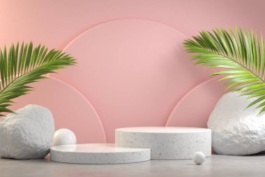 3D Rending Double Step Podium Stand, Pembe Pastel, Doğa Rock Palm Sahnesi Arkaplanı
