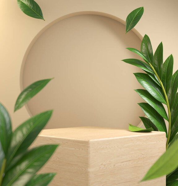 3d Rendering Mockup Wooden Podium Display Stage, Tropic Plant Leaf Falling, Illustration Background
