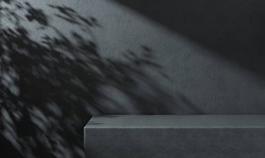 3d Yapılandırma Siyah Beton Ürün Görünüm Podyumu, Çimento Duvarındaki Güneş Işığı Ağacı, Görüntü Arkaplanı