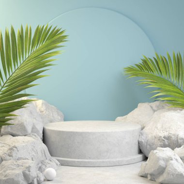 Summer Concept 3d Rendering Beton Standı Gösteri Ürünleri, Rock Palm Leaf, Soyut Çizim Arkaplanı