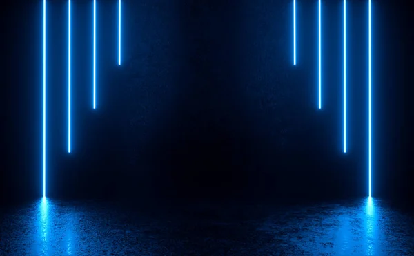 Modern Rendering Sci Room Blue Neon Glowing Line Concrete Floor — Stockfoto