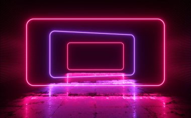 Modern Sci Fi Futuristic Rectangle Laser Neon Glowing On Grunge Concrete Floor 3d Rendering