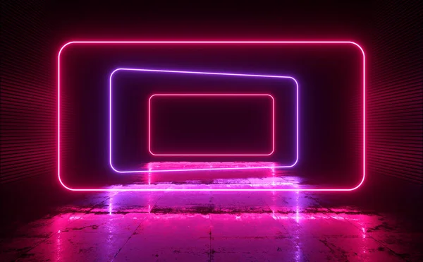Modern Sci Futuristic Rectangle Laser Neon Glowing Grunge Concrete Floor — Stockfoto