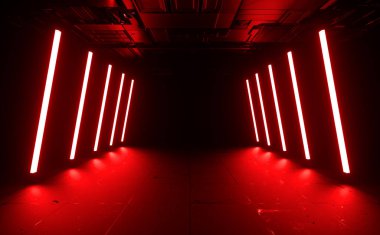 Modern Futuristic Sci Fi Led Neon Light Glowing Vibrant Red Room Corridor Passageway Concrete Floor 3d Illustration