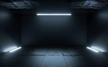 Underground Storehouse Parking Car Garage Neon Futuristic Light Glowing On Concrete Floor 3d Rendering