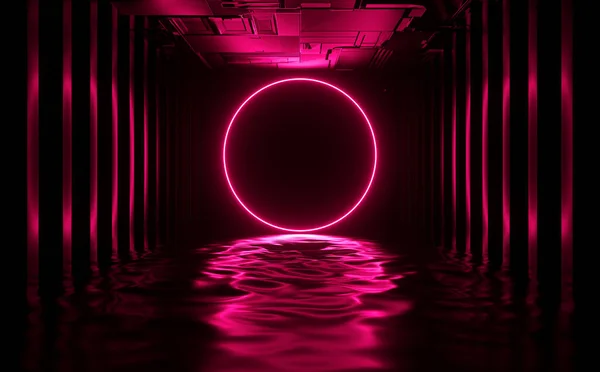 Circle Red Laser Neon Line Electric Frame On Water Liquid Ripple Floor Dark Hallway Corridor Illustration 3d Rendering