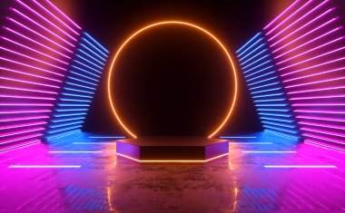 Modern Minimal Empty Hexagon Podium Display Stage With Neon Sci Fi Light Glowing Perspective On Grunge Floor Background 3d Rendering