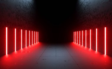 3d Rendering Red Neon Light Glowing Corridor Passage Hallway Entrance Concrete Floor Tiles Illustration Backgrounds