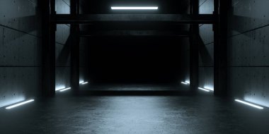 Modern Underground Hallway Corridor Tunnel Stage With  Structure Hard Iron Industry Architectural Style On Concrete Cement Floor 3d Rendering