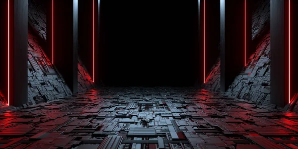 Futuristic Spaceship Hallway Corridor Passage Entrance With Red Glowing Light Illustration 3d Rendering