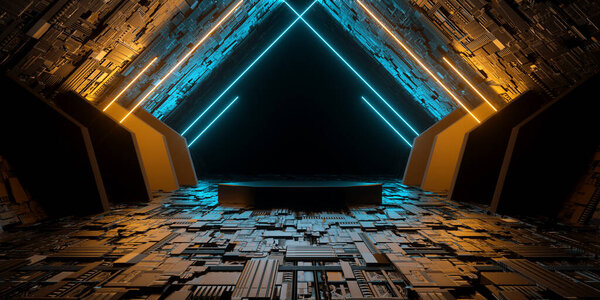 3d Rendering Empty Podium Stage Sci Fi Futuristic Corridor Hallway Spaceship Light Laser Lines Glowing Illustration 3d Rendering