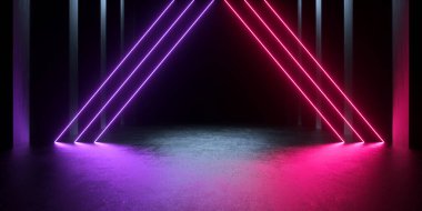 Neon Işık Üçgeni Parlayan Işıklandırma Hatları Cencrete Zeminde Boş Podyum Sahnesi 3d Görüntü Görüntüleme