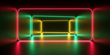 Modern Bilimkurgu Falımsal Dikdörtgen Neon Işıklı Renkli Salon Koridoru Beton Beton Perspektifi Soyut Arkaplan 3d Resimlendirme