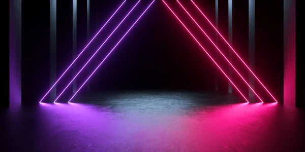 Neon Ljus Triangel Glödande Belysningsstråle Linjer Tomma Podium Scen Konkreta — Stockfoto