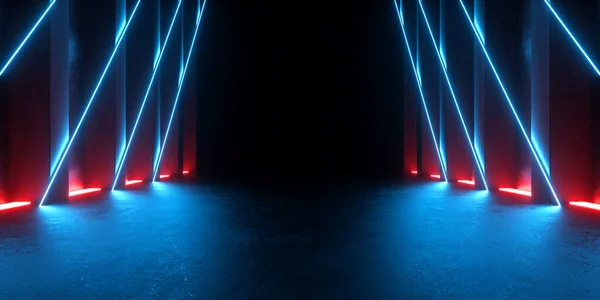 科幻未来主义现代走廊走廊通道霓虹灯在水泥地面上的应用摘要3D渲染说明 — 图库照片